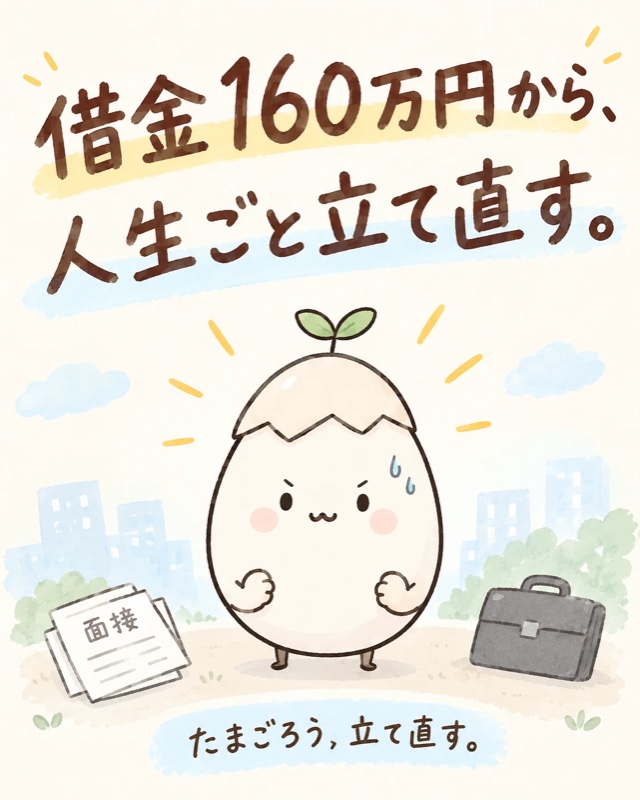 借金160万円から、人生ごと立て直す。面接の書類とカバンのそばに立つ、たまごろう