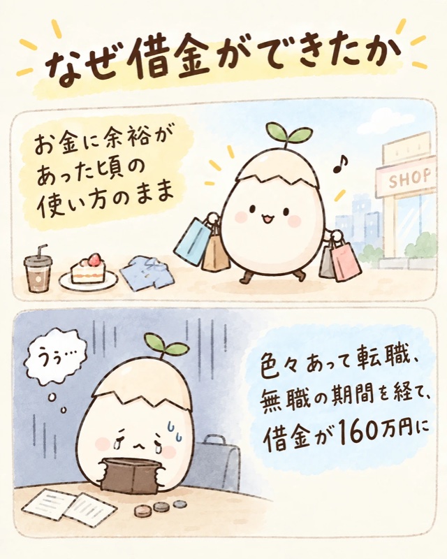 なぜ借金ができたか。お金に余裕があった頃の使い方のまま、転職や無職の期間を経て、借金が160万円に