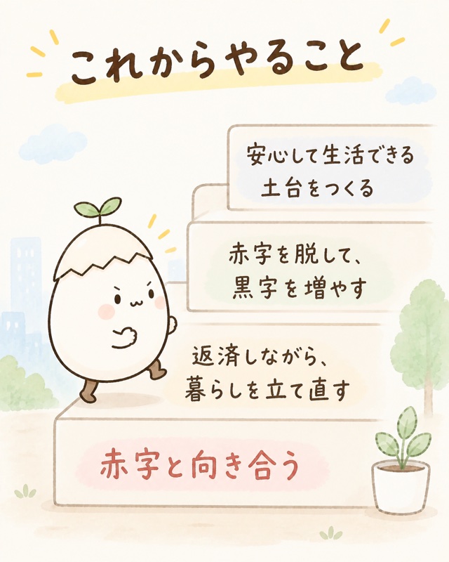これからやること。赤字と向き合う、返済しながら暮らしを立て直す、赤字を脱して黒字を増やす、安心して生活できる土台をつくる